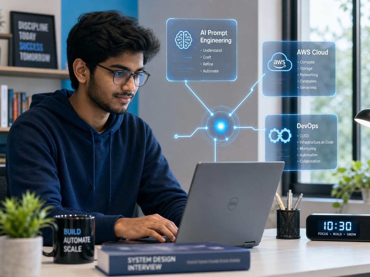 Student working on a laptop with floating panels for AI prompt engineering, AWS Cloud and DevOps