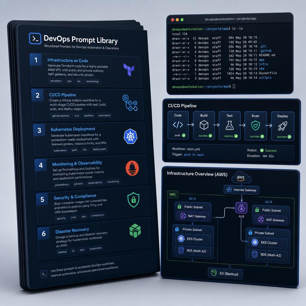 Preview of structured Enterprise DevOps prompt pages with CI/CD diagrams